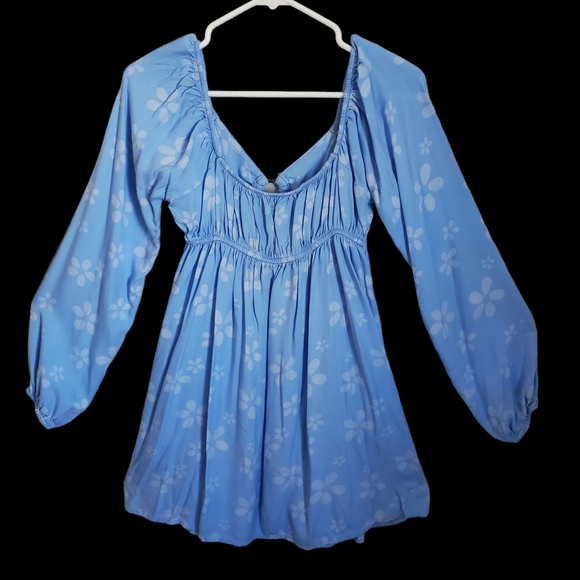 American Eagle Floral Blue Babydoll Dress With Flowy Sleeves Womens Size Small - Picture 2 of 4